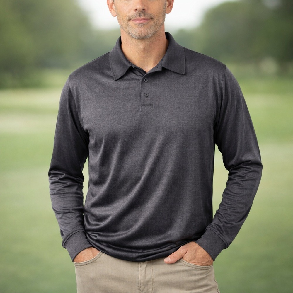 Anthology Mens XL 100% Silk Long Sleeve Golf Polo‎ Shirt Sweater Charcoal Gray